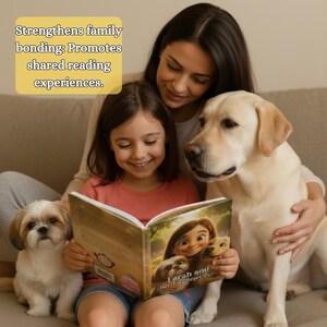 K&ouml;nnte beinhalten: Ein Kind liest ein Buch mit dem Titel Larah and Her Two Brave Pups, das auf dem Einband eine Illustration eines M&auml;dchens und zweier Hunde zeigt. Das Kind wird von einem kleinen Shih Tzu und einem gro&szlig;en gelben Labrador Retriever begleitet. Der Text lautet: Strengthens family bonding: Promotes shared reading experiences.