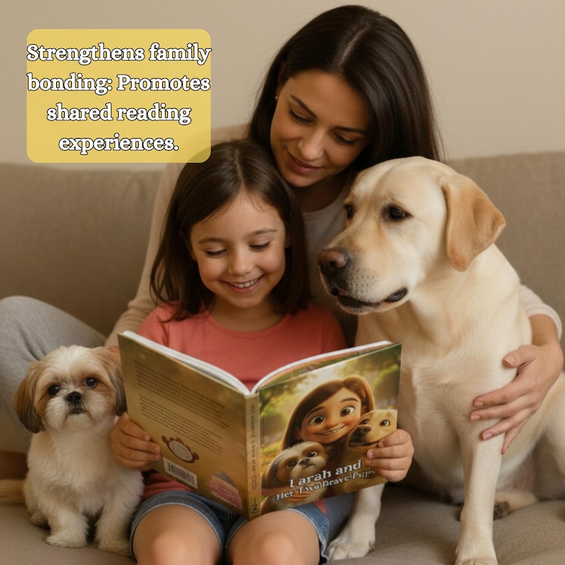 K&ouml;nnte beinhalten: Ein Kind liest ein Buch mit dem Titel Larah and Her Two Brave Pups, das auf dem Einband eine Illustration eines M&auml;dchens und zweier Hunde zeigt. Das Kind wird von einem kleinen Shih Tzu und einem gro&szlig;en gelben Labrador Retriever begleitet. Der Text lautet: Strengthens family bonding: Promotes shared reading experiences.