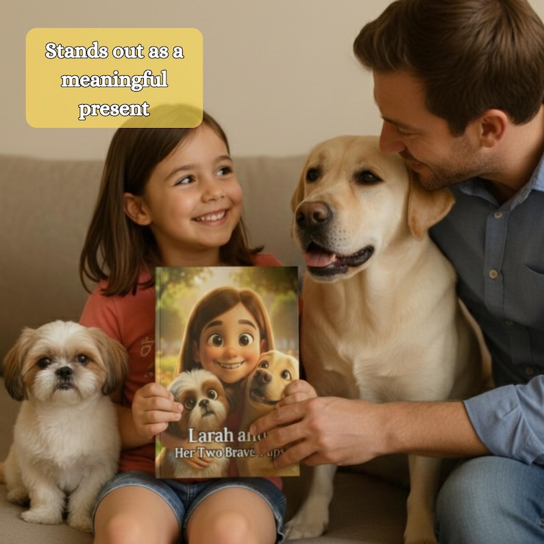K&ouml;nnte beinhalten: Ein gebundenes Buch mit dem Titel Larah and Her Two Brave Pups, das eine Illustration eines M&auml;dchens mit einem Shih Tzu und einem Labrador Retriever zeigt. Das Cover enth&auml;lt den Text Stands out as a meaningful present in einem gelben Kasten.