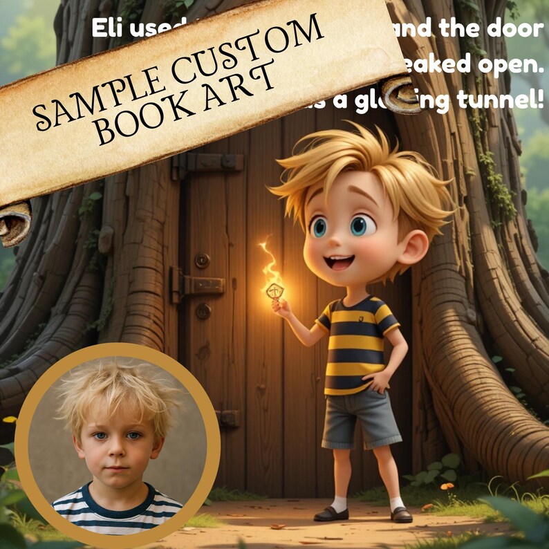 K&ouml;nnte beinhalten: Eine individuelle Buchillustration mit einem Cartoon-Jungen mit blonden Haaren, der ein gelb-blau gestreiftes T-Shirt und graue Shorts tr&auml;gt und ein leuchtendes Objekt vor einer Holzt&uuml;r h&auml;lt. Text: SAMPLE CUSTOM BOOK ART.