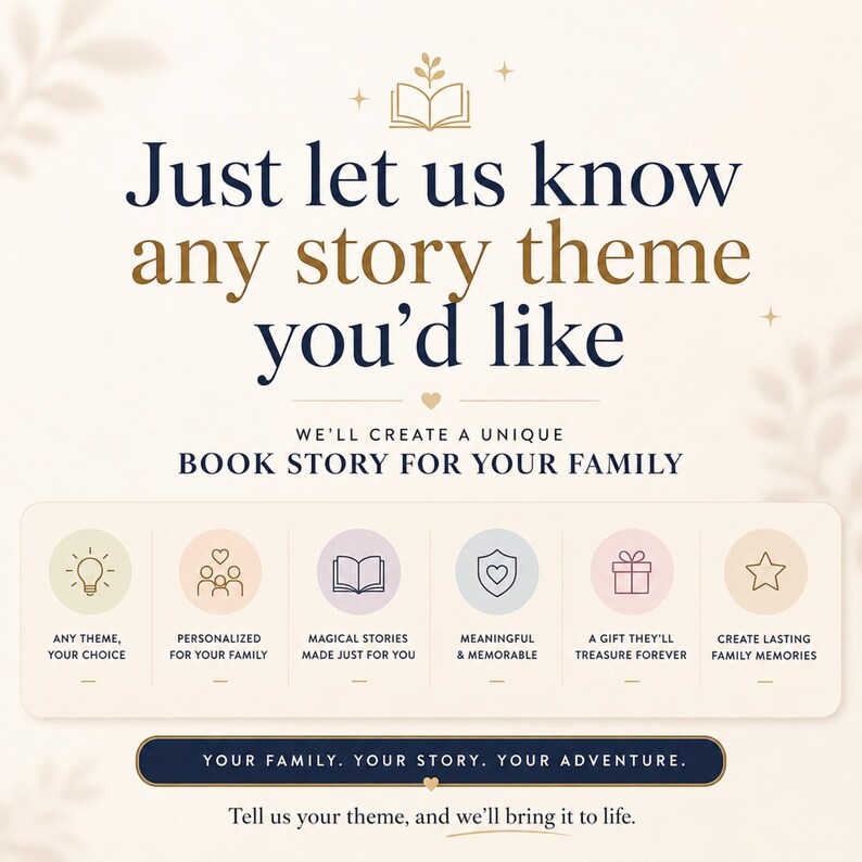 K&ouml;nnte beinhalten: Eine grafische Anzeige mit dunkelblauem und goldenem Text: Just let us know any story theme you'd like. WE'LL CREATE A UNIQUE BOOK STORY FOR YOUR FAMILY. Enth&auml;lt sechs kreisf&ouml;rmige Symbole mit Text und eine Schaltfl&auml;che: YOUR FAMILY. YOUR STORY. YOUR ADVENTURE.