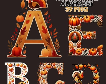 May include: Watercolor style Thanksgiving alphabet letters A, E, B, C, and D. Each letter is decorated with fall-themed elements like pumpkins, leaves, and turkeys.