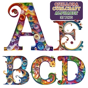 Puede incluir: Alfabeto de quilling colorido con las letras A, B, C, D y E. Cada letra está intrincadamente diseñada con papel enrollado en varios colores, con detalles florales y remolinos. Un rectángulo morado en la esquina superior derecha dice "QUILLORA CURLCRAFT ALPHABET 37 PNG".