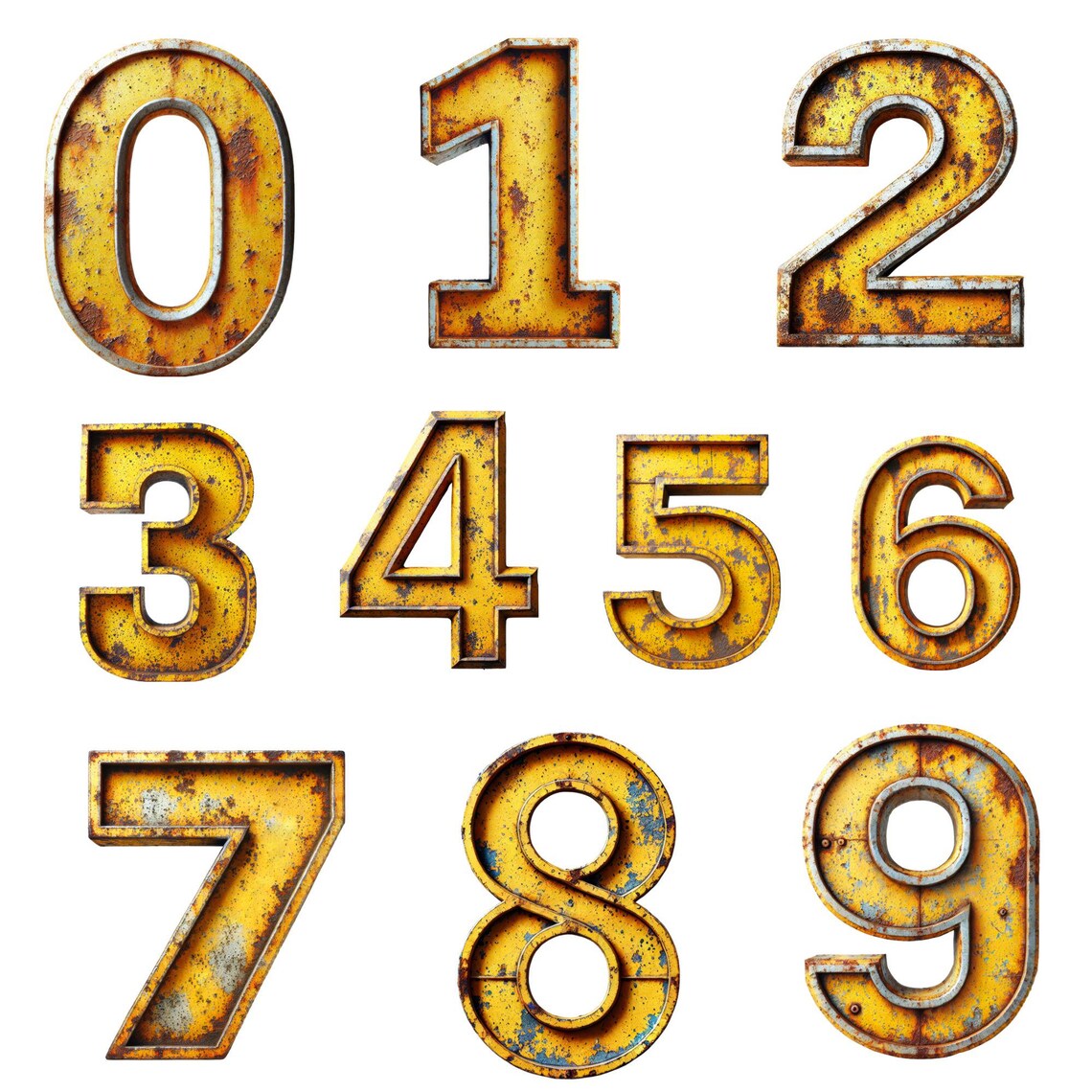 Yellow Rust Alphabet PNG Set, 39 Grunge Industrial Letters and Numbers ...