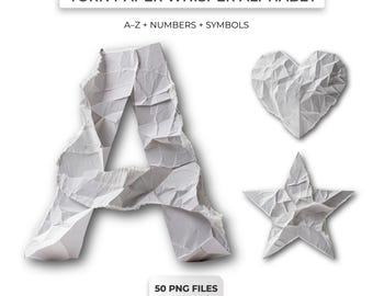 Alfabeto de papel rasgado PNG / 50 PNG transparentes / 3500px / Uso comercial
