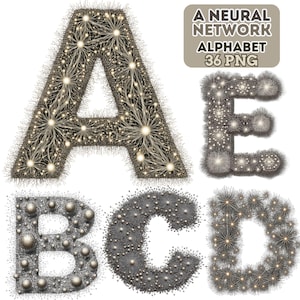 Peut inclure: Illustration numérique des lettres A, B, C, D et E, chacune conçue pour ressembler à un réseau neuronal. Les lettres sont dans un schéma de couleurs marron clair et gris, avec des nœuds lumineux et des connexions complexes. Le texte « A Neural Network Alphabet 36 PNG » est inclus.