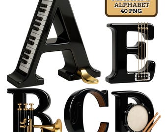 Musician’s Symphony Alphabet PNG | Black Instrument Letters 0–9 & Symbols | 3500px