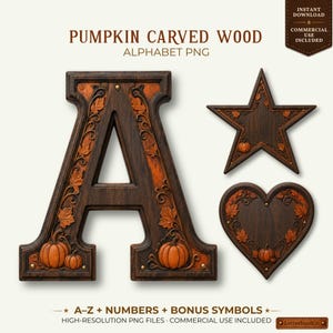 Op de afbeelding: Een digitale grafische set met de letter A, een ster en een hart, allemaal weergegeven met een donkere houttextuur, uitgesneden pompoenmotieven en oranje herfstbladeren. De tekst bevat PUMPKIN CARVED WOOD ALPHABET PNG en INSTANT DOWNLOAD.