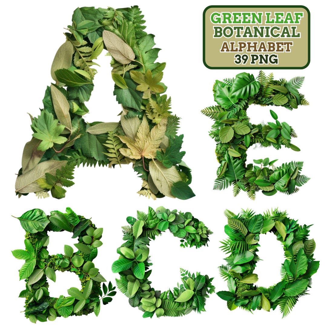 Green Leaf Botanical Alphabet Clipart Set: Eco Nature Font (PNG ...