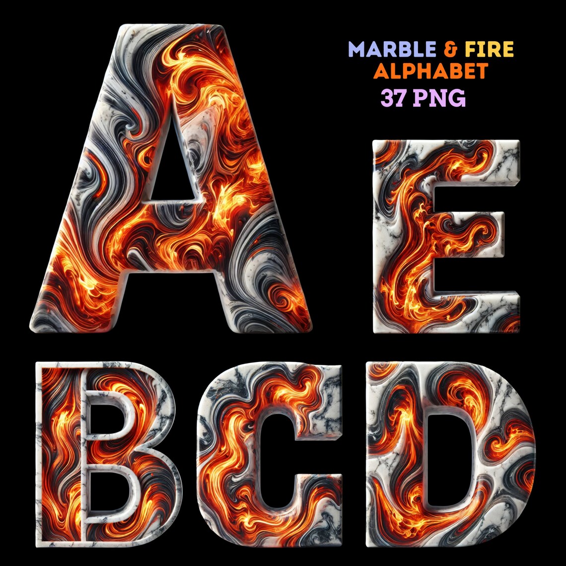 Marble & Fire Alphabet PNG Set: Luxe Graphic Design Elements (digital ...