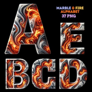 May include: A, B, C, D, and E letters in a marble and fire design. The letters are white with black and orange swirls. The letters are set against a black background.
