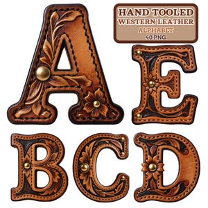 Peut inclure: Lettres de l'alphabet en cuir western travaillé à la main : A, B, C, D et E. Les lettres sont marron avec des motifs floraux et de feuilles, des clous en laiton et une bordure cousue. Le texte "HAND TOOLED WESTERN LEATHER ALPHABET 40 PNG" est dans un rectangle marron.