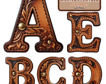 Tan Genuine Leather Alphabet PNG | Western Tooled Letters A–Z 0–9