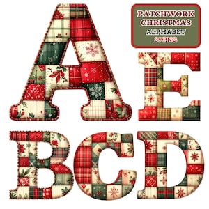 Könnte beinhalten: Patchwork-Weihnachtsalphabet Buchstaben A, B, C, D und E. Jeder Buchstabe besteht aus roten, grünen und cremefarbenen Patchwork-Quadraten mit weihnachtlichen Mustern. Ein grünes Schild zeigt "Patchwork Christmas Alphabet 39 PNG."