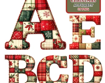 Alphabet de Noël en patchwork PNG | Lettres des fêtes matelassées A–Z 0–9 !@& | 300 ppp transparents | Instantané