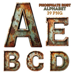 Phosphate Rust Alphabet PNG Set, 39 Grunge Rusty Metal Letters & Numbers, Industrial Steampunk Font Design, Vintage Rust Texture Clipart