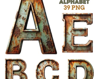 Conjunto PNG del alfabeto oxidado: 39 letras metálicas grunge (descarga digital)