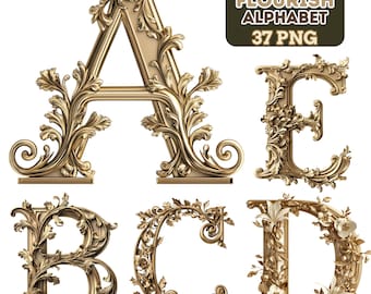 Golden Flourish Alphabet PNG Set: Ornate Letters & Numbers Clipart (Digital Download)