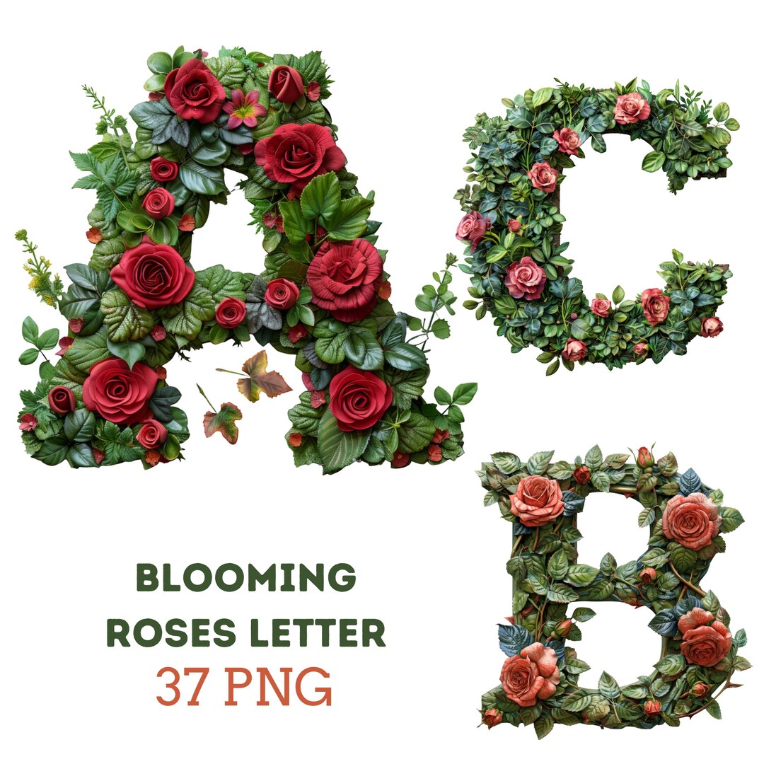 Blooming Rose Letter 37 PNG: Elegant Floral Alphabet (digital Download ...