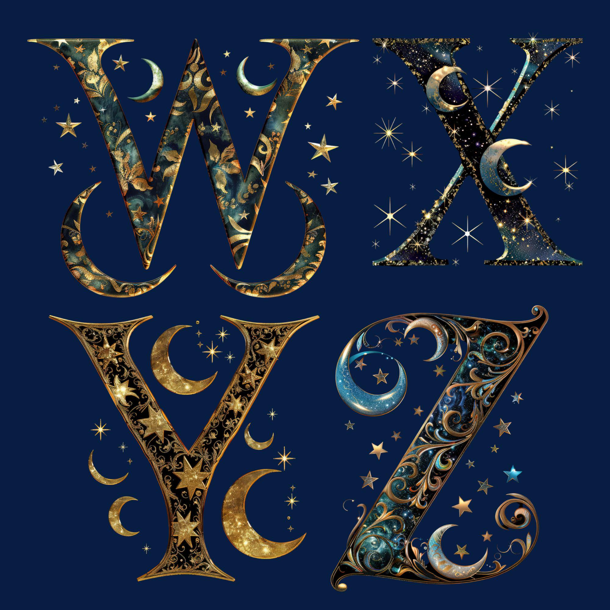 Celestial Moons & Stars Alphabet PNG: Cosmic Letter Clipart (digital ...