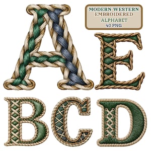 Könnte beinhalten: Eine Sammlung gestickter Buchstaben im modernen Western-Stil. Die Buchstaben A, B, C, D und E werden gezeigt, jedes mit einem einzigartigen Design mit seilartigen Rändern und aufwendigen Stickereien in Grün-, Braun- und Blautönen. Ein Textfeld lautet "MODERN WESTERN EMBROIDERED ALPHABET 40 PNG".