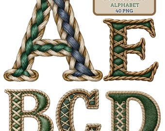 Modern Western Embroidered Alphabet PNG | Rope Stitch Letters 0–9 & Symbols | 3500px | Instant Download