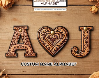 Western Tooled Leather Alphabet PNG, Cowboy Letters, 50 PNG, Transparent, Commercial Use