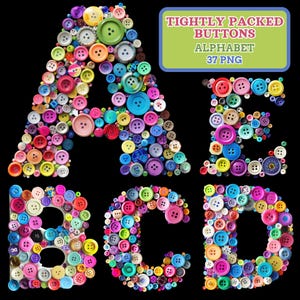 May include: The letters A, B, C, D, and E are formed from a collection of colorful buttons against a black background. The buttons are in various sizes and shades of pink, blue, green, yellow, and purple. Text in the upper right corner reads "TIGHTLY PACKED BUTTONS ALPHABET 37 PNG."