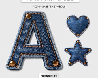 Alfabeto de puntadas índigo PNG / 50 PNG transparentes / 3500px / Uso comercial