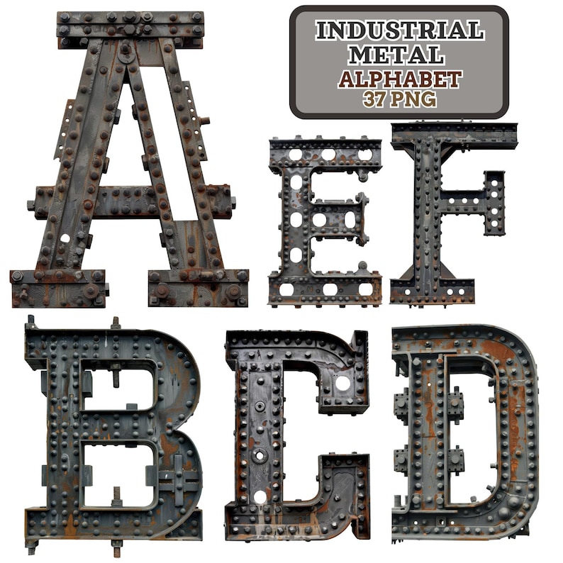Industrial Metal Alphabet PNG – 3D Rusty Rivet Steampunk Font (digital ...