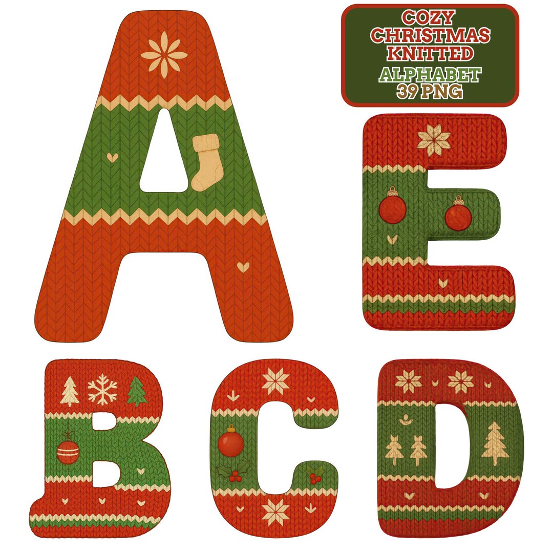 Cozy Christmas Knitted Alphabet PNG, Sweater Letter Clipart, Festive ...