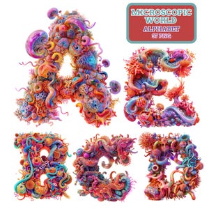 May include: A colourful digital artwork featuring the letters A, B, C, D, and E, each designed with a microscopic world theme. The letters are made up of organic shapes in pink, orange, blue, and yellow. A red banner reads "MICROSCOPIC WORLD ALPHABET 37 PNG".