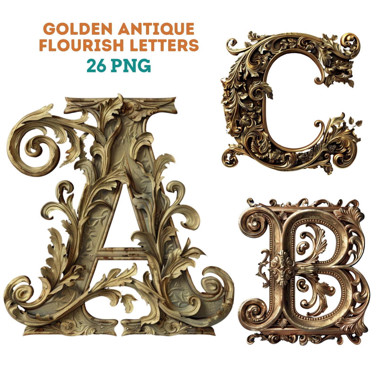 Elegant Golden Antique Flourish Alphabet - 26 PNG Letters - Etsy