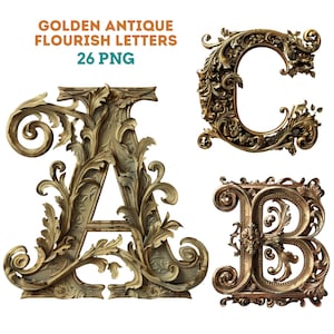 Elegante Alfabeto Dorado Antiguo Floreciente - 26 Letras Png
