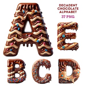 May include: A, B, C, D, and E chocolate letters decorated with white and brown frosting, colorful sprinkles, and chocolate drizzle.  Decadent Chocolate Alphabet 37 PNG.