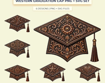 Conjunto de imágenes PNG y SVG de gorros de graduación occidentales, imágenes prediseñadas de gorros de graduación de cuero repujado, decoración de leis de graduación