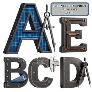 Könnte beinhalten: Ingenieur-Blaupausen-Alphabet mit den Buchstaben A, B, C, D und E. Der Buchstabe A hat ein blaues Gittermuster und einen Zirkel. Der Buchstabe B hat Nieten und einen aufgerollten Bauplan. Der Buchstabe C hat einen Messschieber. Der Buchstabe D hat einen Zirkel. Der Buchstabe E hat Kupferverdrahtung.