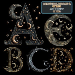 Celestial Moons & Stars Alphabet PNG: Cosmic Letter Clipart (Digital Download