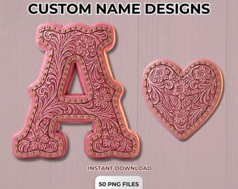 Alfabeto de cuero de vaquera rosa PNG, clipart de fuente western floral repujada (descarga instantánea)