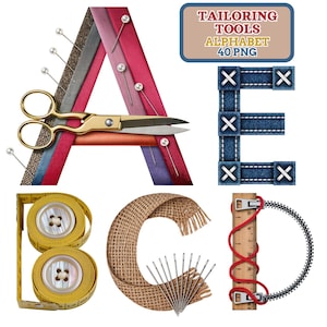 Peut inclure: Un ensemble de l'alphabet avec les lettres A, B, C, D et E, fabriqué à partir d'outils et de matériaux de couture. La lettre A est faite de tissu et de ciseaux. La lettre B est faite de ruban à mesurer et de boutons. La lettre C est faite de toile de jute et d'aiguilles. La lettre D est faite d'une règle et d'une fermeture éclair. La lettre E est faite de denim.