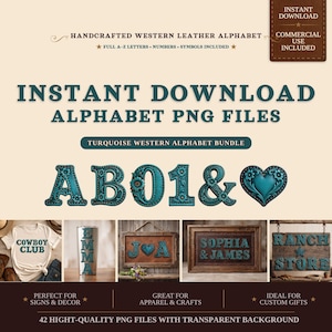 Turquoise Leather Letters PNG Bundle | Western Cowboy Font Clipart (Digital Download)