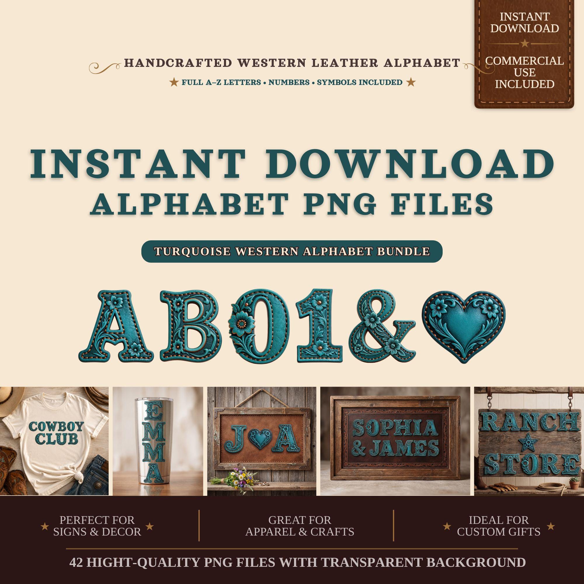 Western Alphabet PNG Bundle | Turquoise Leather Font Clipart, Cowboy ...