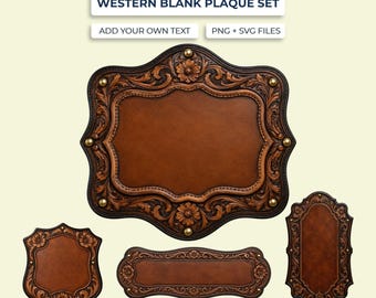 Conjunto de placas en blanco de estilo western en formato PNG y SVG, imágenes prediseñadas de placas de cuero repujado, paquete de plantillas de letreros de estilo western.
