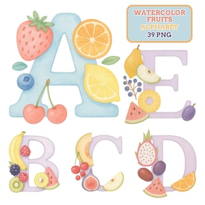 Watercolor Fruit Alphabet Clipart, Fruit Letters PNG, Cute Fruit Monogram, Fruit Number Clip Art, Kids Classroom Decor, Teacher Printable