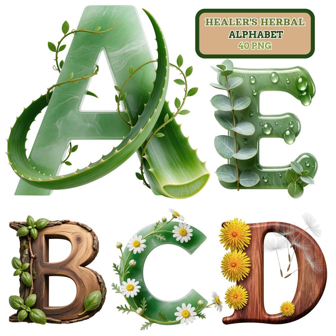 Healer’s Herbal Alphabet PNG | Botanical Letter Clipart Set | Green ...