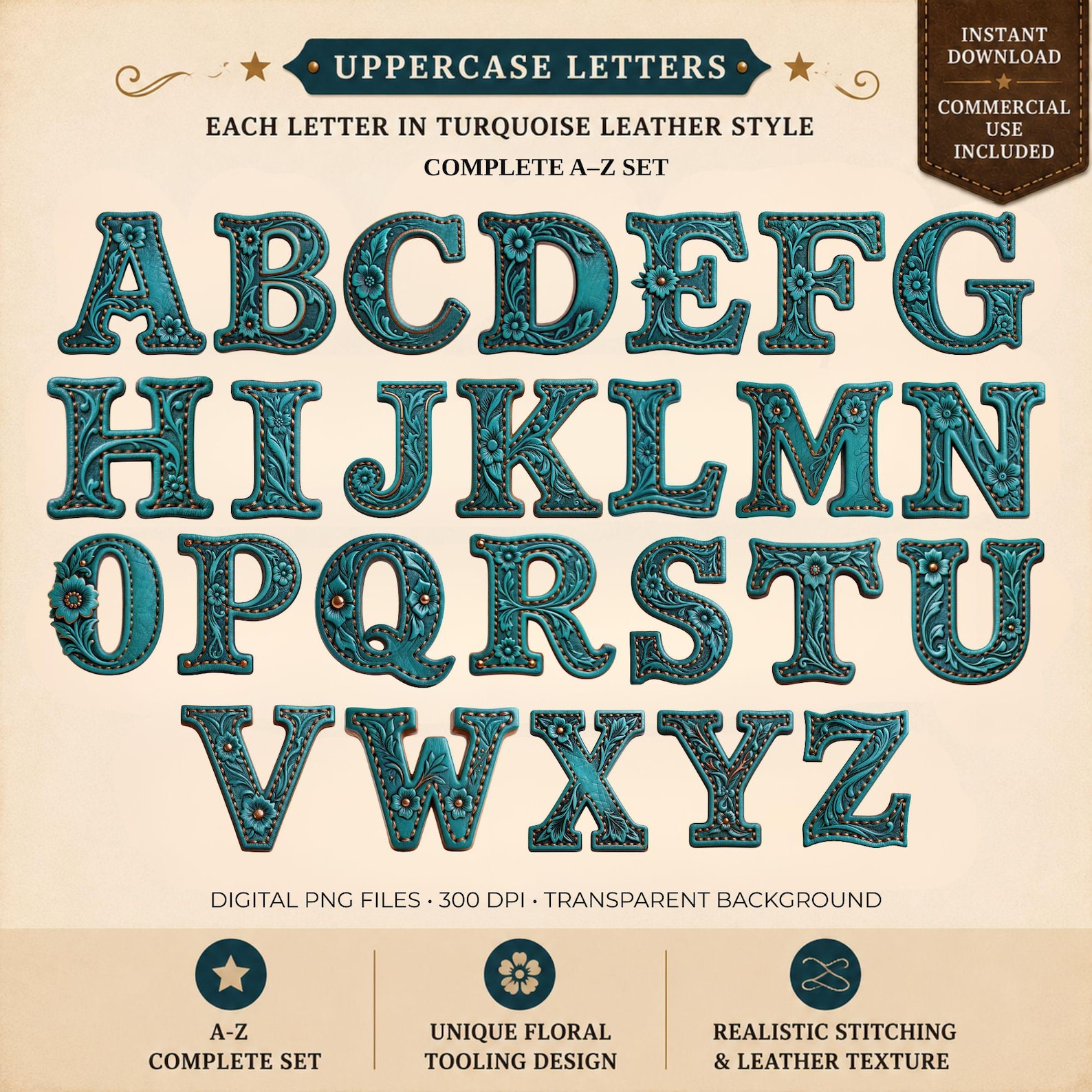 Western Alphabet PNG Bundle | Turquoise Leather Font Clipart, Cowboy ...