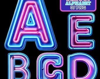 May include: Neon alphabet letters A, B, C, D, and E in a vibrant blue and pink neon style. The letters are outlined with a bright blue glow, with pink neon tubes inside. A purple rectangle with the text "NEON ALPHABET 39 PNG" is in the top right corner.