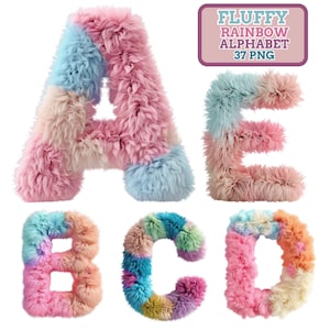 May include: A collection of fluffy, rainbow-colored alphabet letters. The letters A, B, C, D, and E are displayed, each with a unique color scheme. A rectangular graphic in the top right corner reads "FLUFFY RAINBOW ALPHABET 37 PNG".
