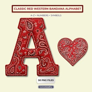 Puede incluir: Una letra "A" y un corazón de bandana roja con un diseño de cachemira. El texto "CLASSIC RED WESTERN BANDANA ALPHABET" está en la parte superior, con "A-Z + NUMBERS + SYMBOLS" debajo. La imagen también incluye el texto "50 PNG FILES" y "LetterkindCo."