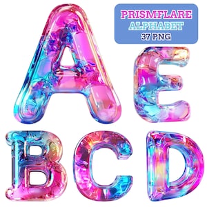 Iridescent 3D Alphabet PNG: Prismflare Letters and Numbers (Digital Download)